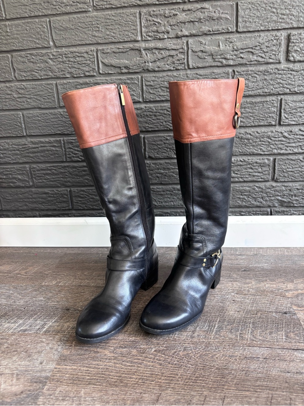 Bandolino Leather two Toned Black and Tan Tall Riding Boots - 7